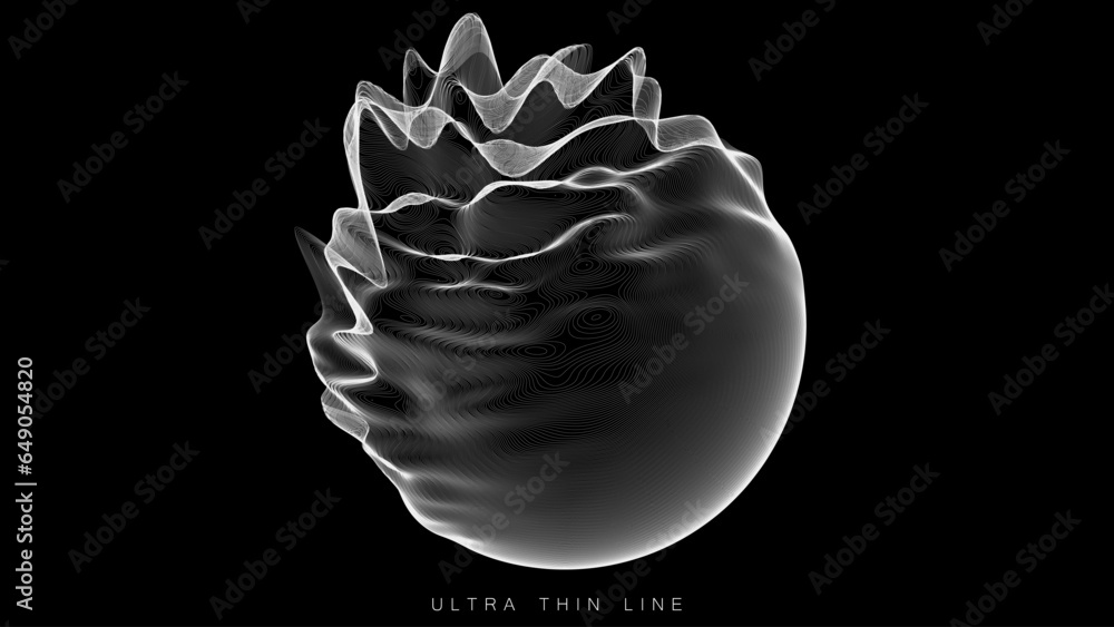 Poster distorted line spheres. vector thin line glitch geometry.