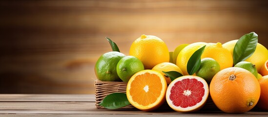 Citrus fruits in a wooden basket with copyspace for text