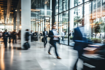 Business blur hurried characters in a modern business building