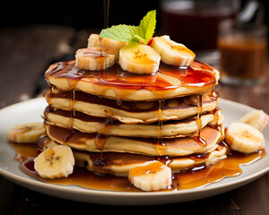 A delicious scene of freshly prepared pancakes topped with sliced bananas. Golden, fluffy pancakes served on a plate with fresh banana slices.