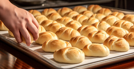 Dessert bread baking in oven. Production oven at the bakery. Baking bread. Manufacture of bread.