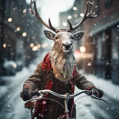 Fotobehang Fiets Humorous realistic reindeer in snow wearing a Christmas jacket and riding a vintage bike  