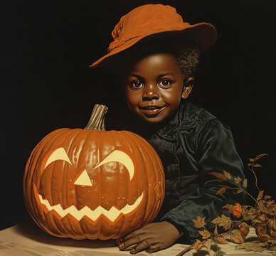 Vintage nostalgic illustrated portrait of young black child smiling over a carved jackolantern pumpkin
