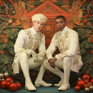 Vintage nostalgic portrait of two young men sitting close dressed in fancy Christmas clothes surrounded by holiday Christmas decor