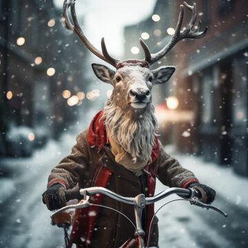 Humorous realistic reindeer in snow wearing a Christmas jacket and riding a vintage bike  