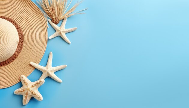 Straw hat and starfish placed in front of blue background, summer travel theme