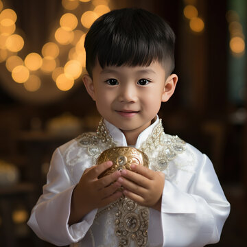 Young Asian boy in white suit as ring bearer for wedding 