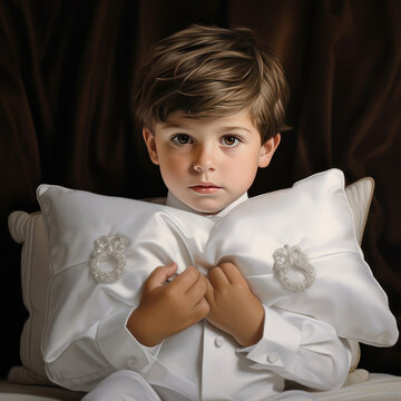Young Caucasian boy in white suit as ring bearer for wedding 
