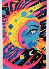 Neon face in space - Screen Print illustration poster - Vibrant retro neon colours
