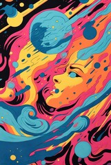 Fototapeta na wymiar Neon face in space - Screen Print illustration poster - Vibrant retro neon colours