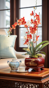 Asian style flower arrangement on a side table 