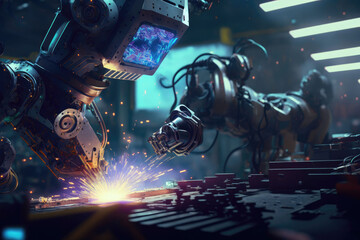 Fototapeta premium Welding robot working on the assembly line, AI generated