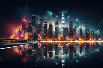 Fototapeta na wymiar Skyscrapers illuminated at night, showcasing the dynamic nightlife in urban hubs. Generative Ai.