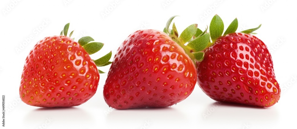 Poster close up of three fresh strawberries on a white background with copyspace for text
