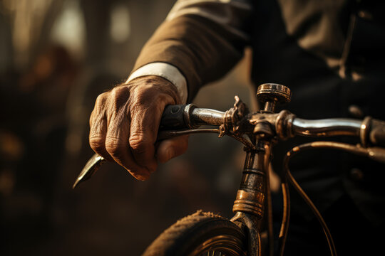 A close-up of a person's hand gripping the handlebars of a penny-farthing bicycle, a unique cycling relic. Generative Ai.