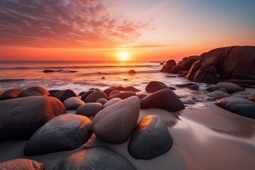 Very nice sunset on a beach with many rocks - obrazy, fototapety, plakaty
