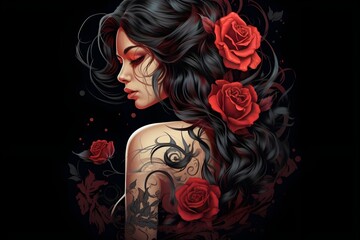 Woman illustration rose tattoo