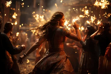 Fototapeten Joyful Diwali scene with people dancing in traditional attire amidst fireworks and vibrant decorations. Generative Ai. Generative AI. © Sebastian