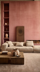 Rusty pink tone interior walls of a rustic living room with dramatic lighting 