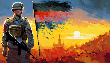 German soldier or military service member with the German national flag during sunrise - obrazy, fototapety, plakaty