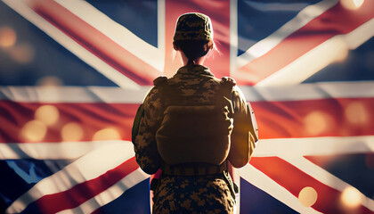 Uniformed female British soldier facing the national flag of Great Britain
