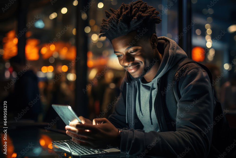Poster a businessman uses a phone and computer at night, focusing on communication and crm. generative ai.