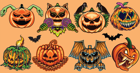Scary Pumpkins Mega Bundle for Halloween Vector Set Halloween Background with Creepy Evil Smile Pumpkin Logos Illustration