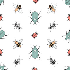 Seamless pattern with various bugs. Firebug, ant, flower chafer, honey bee, ladybug on white background