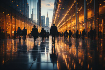 Blurred businesspeople walk in the cityscape. Generative Ai.