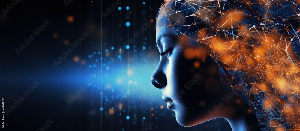 Poster ai concept for business and scientific with wireframe head blurred lines and lens effects with copys