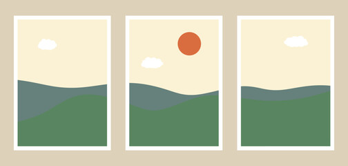 Set of wall art natural abstract landscape mid century with sky, clouds, sun, grass and mountains. Minimal modern illustration for wall art home decoration, prints, wallpaper. Vector illustration