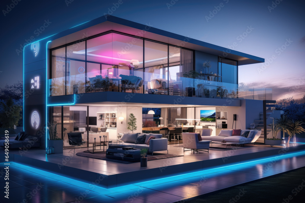 Poster a futuristic smart home with ai-powered devices controlling lighting and temperature. generative ai.