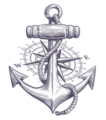 Anchor with rope and nautical compass drawn in engraving style. Sketch vintage vector illustration © ~ Bitter ~