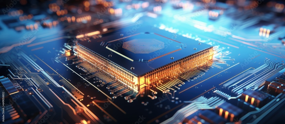 Poster close up of a microprocessor with a glowing ai interface on a computer background symbolizing futuri