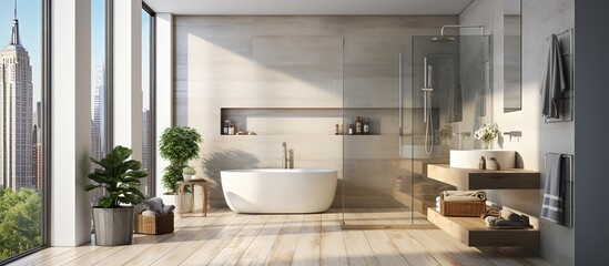 a modern bathroom with white walls concrete and wooden floors a glass shower stall a large cityscape window and a double sink