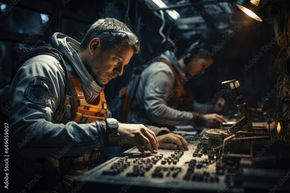 Poster astronauts conducting experiments in microgravity aboard a space station. generative ai.