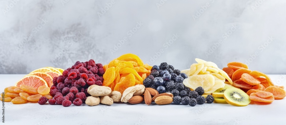 Poster assorted freeze dried fruits on a gray table with copyspace for text