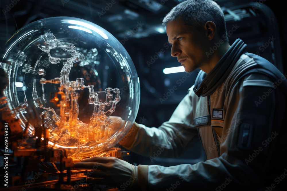Poster an astronaut conducting experiments inside a space station. generative ai.