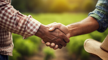 A mortgage loan officer and a farmer sealing a deal with a handshake regarding a financial assistance application, representing the collaboration between a banker and a farm worker - obrazy, fototapety, plakaty