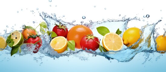 Assorted fruits and vegetables entering water promoting a healthy diet and freshness isolated on white