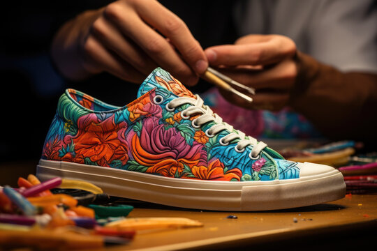 Person painting custom artwork on a pair of sneakers, part of artistic fashion. Generative Ai.