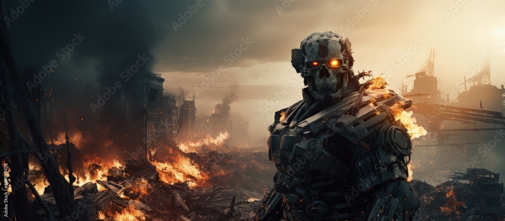 Poster apocalyptic concept with a destroyed city and a military robot with copyspace for text