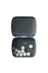 candy tablets for fresh breath in a metal case, on a transparent background on top