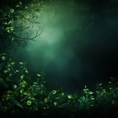 abstract green forest background, with leaves and stems covering sides, dark green background suitable to use as background, letter head, etc. No people. No text. Scratched effect wallpaper  - obrazy, fototapety, plakaty