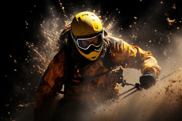 Obraz premium Skier skiing downhill in high mountains
