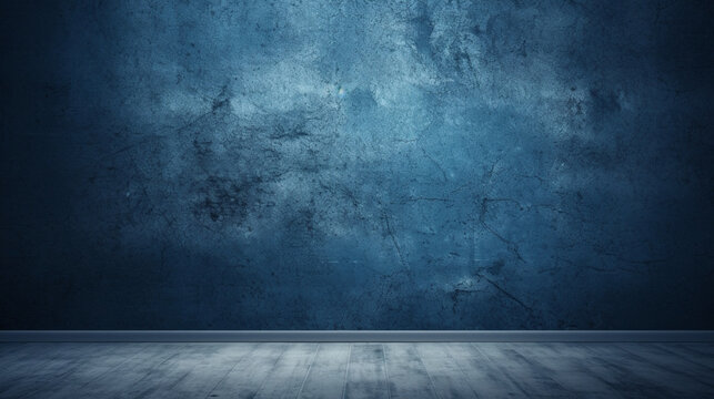 room with dark blue concrete wall and wooden floor background, wall texture, colored background. suitable to use as background, letter head, etc. No peo