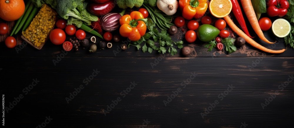 Poster abundant fresh produce and spices on a black wooden background space for text overhead perspective w