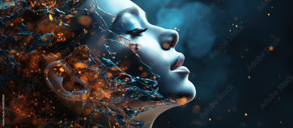 Poster ai generated digital face disintegrates in with copyspace for text
