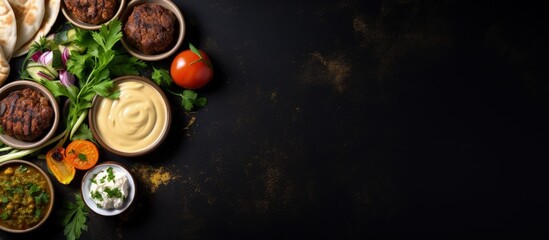 Assorted Middle Eastern or Arabic cuisine on dark background Kebab falafel baba ghanoush hummus rice with vegetables tahini kibbeh pita Halal Space for text Top view with copyspace for text