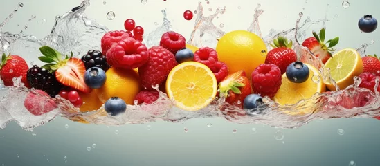 Poster Assorted fresh fruits in a colorful mix creatively arranged with forest citrus tropical fruits and berries in a wide layout collage The juice blend creates splashes on a background of jui © 2rogan